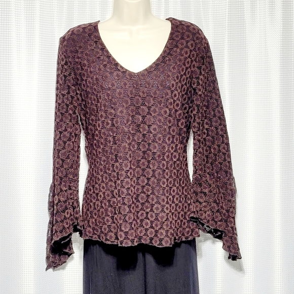 VTG 90s Dark Chocolate Brown Lace Stretch Long Bell Sleeve Pop Over Blouse (L) - Picture 2 of 11